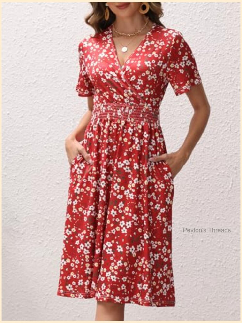 Womens Midi Floral Dress - Short Sleeve Wrap V-Neck Summer Dress with Smocked - Picture 2 of 7